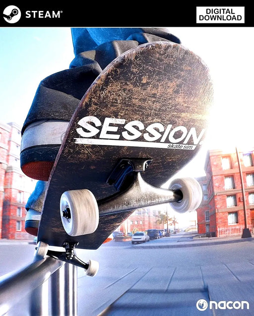 Cover art for Session Skate Sim Steam Key, showcasing a skateboarder performing a grind with the Session logo visible on the deck. Buy your digital Session Skate Sim game key instantly at RushGame.co and enjoy authentic Steam codes for the best skateboarding experience