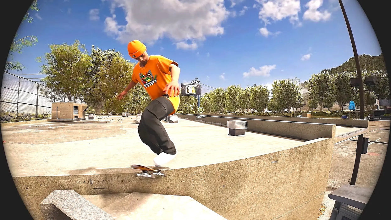 In-game image from Session Skate Sim Supporter Edition Steam, showing a skater in an orange shirt sliding a ledge in a sunny skate park. Unlock advanced skating action by purchasing your Session Skate Sim Supporter Edition Steam Key at RushGame.co today
