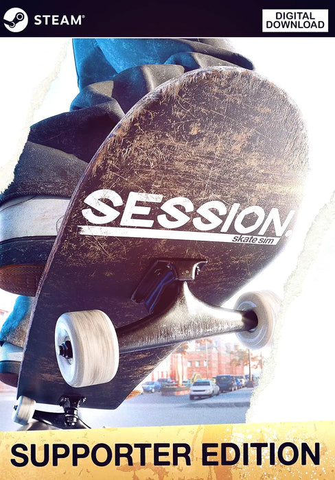 Image of Session Skate Sim Supporter Edition Steam digital cover art, showcasing a close-up of a skateboarder grinding on a rail in a realistic urban environment. Buy Session Skate Sim Supporter Edition Steam Key at RushGame.co for instant delivery and the ultimate skateboarding simulation experience
