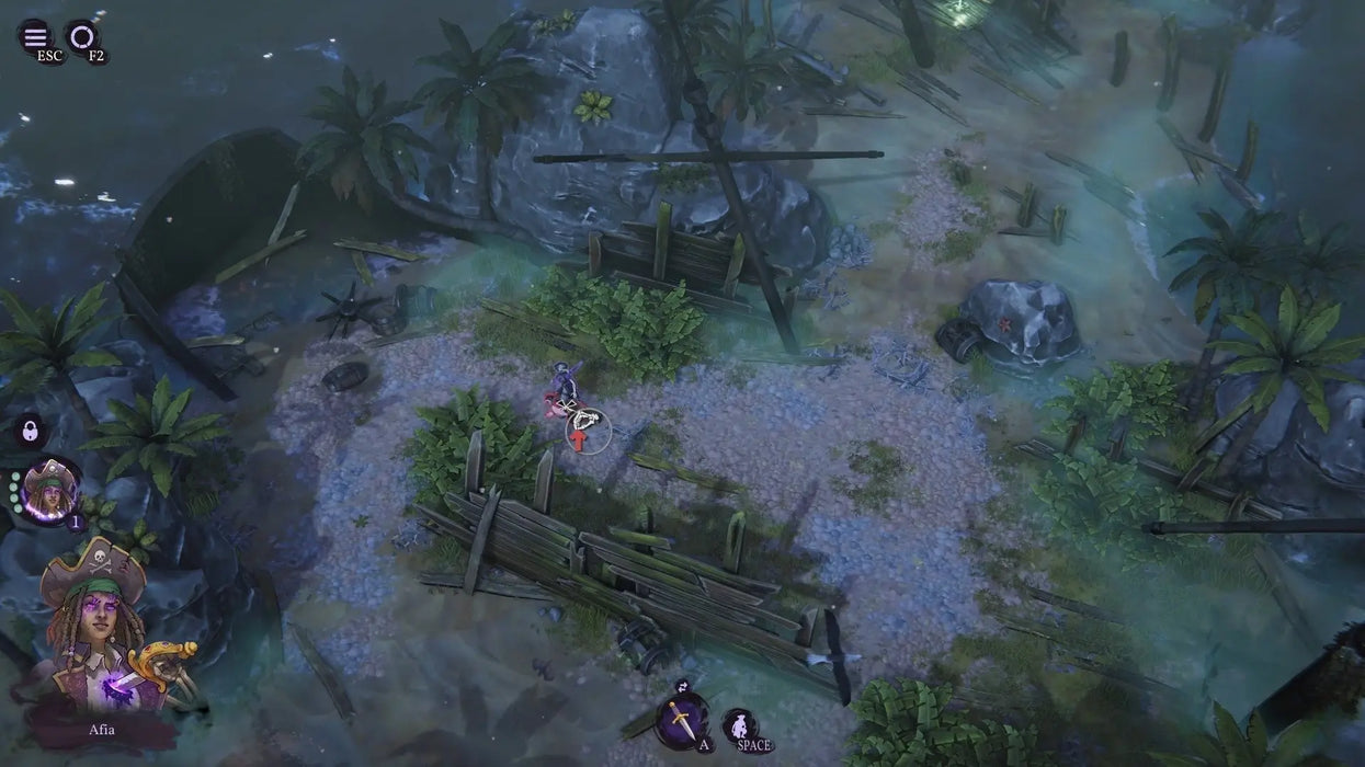 Gameplay scene from Shadow Gambit: The Cursed Crew Steam Edition, with the character Afia exploring a mysterious island shoreline. Purchase your Steam Key for Shadow Gambit today at RushGame.co