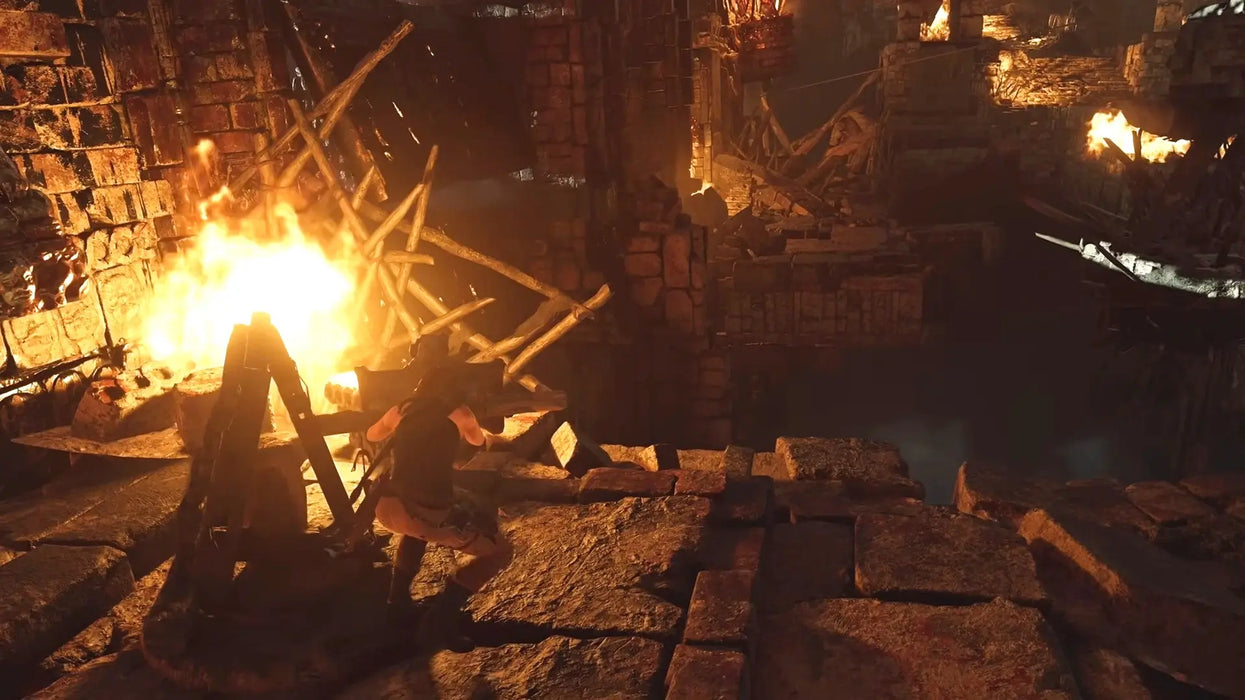 Screenshot showing Lara Croft solving a fiery puzzle within a Mayan temple in Shadow of the Tomb Raider Definitive Edition for Xbox One. Unlock epic tomb challenges with a digital code from RushGame.co