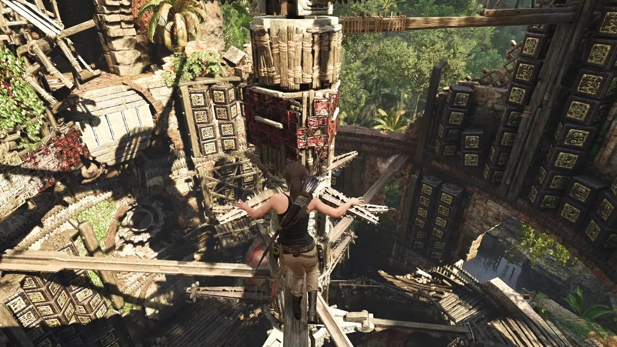 Image of Lara Croft balancing on an ancient mechanism high above jungle ruins in Shadow of the Tomb Raider Definitive Edition for Xbox One. Experience breathtaking adventures—buy your Xbox One game key instantly at RushGame.co