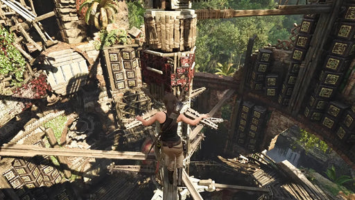 Image of Lara Croft balancing on an ancient mechanism high above jungle ruins in Shadow of the Tomb Raider Definitive Edition for Xbox One. Experience breathtaking adventures—buy your Xbox One game key instantly at RushGame.co