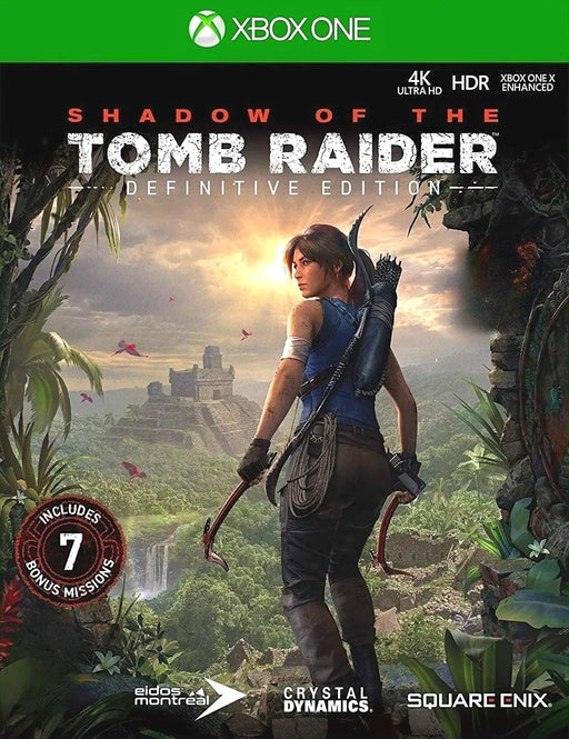 Cover art for Shadow of the Tomb Raider Definitive Edition Xbox One, featuring Lara Croft overlooking a hidden city. Purchase your Xbox One key at RushGame.co and dive into the ultimate Tomb Raider experience.