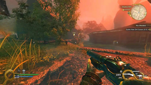 First-person gameplay screenshot from Shadow Warrior 2 showing the player exploring a forested area with a shotgun at sunset. Experience fast-paced action—get your GOG Key for Shadow Warrior 2 Deluxe Edition at RushGame.co
