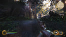 First-person perspective in Shadow Warrior 2 Deluxe Edition, featuring the player aiming a revolver in a lush, wooded environment. Play Shadow Warrior 2 Deluxe Edition with an official GOG Key, available now at RushGame.co