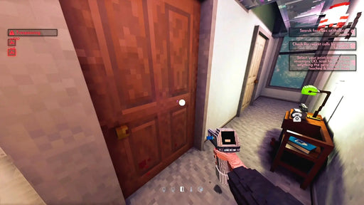 Gameplay screenshot from Shadows of Doubt on Steam, showing a pixel-art detective holding a device while investigating in a hallway. Purchase your Shadows of Doubt Steam Key at RushGame.co for secure and fast digital delivery