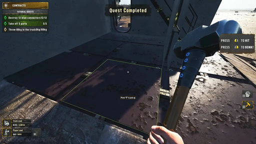 In-game screenshot from Ship Graveyard Simulator 2 Steam Key showing the player using a sledgehammer to complete a quest objective, surrounded by metal plates and industrial ship interiors. Get your digital Steam key for Ship Graveyard Simulator 2 at RushGame.co and start your shipyard adventure instantly