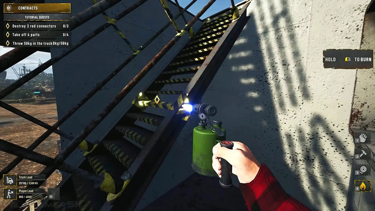 Gameplay screenshot from Ship Graveyard Simulator 2 Steam Key displaying a first-person view as the player uses a blowtorch to dismantle metal stair components on a large ship. Purchase authentic Steam codes for Ship Graveyard Simulator 2 at RushGame.co and experience realistic shipbreaking simulation.