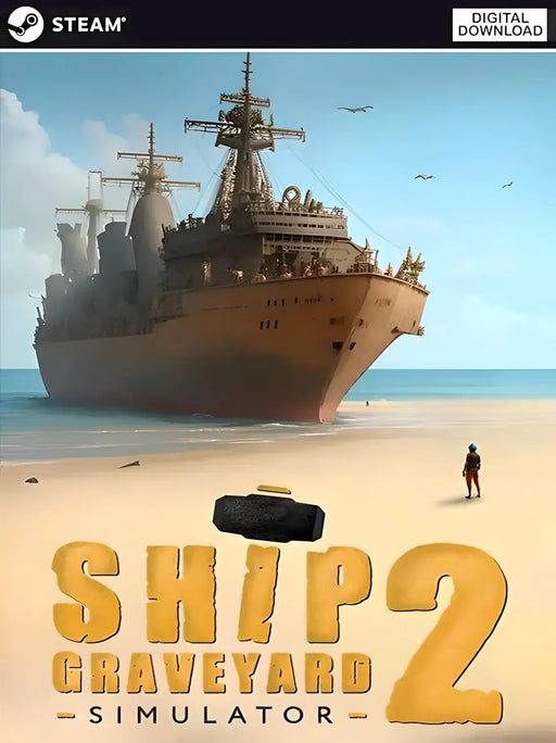 Image shows the cover art for Ship Graveyard Simulator 2 Steam Key, featuring a massive battleship beached on a sandy shore with a lone figure in the foreground. Buy Ship Graveyard Simulator 2 Steam Key at RushGame.co for instant digital delivery and expand your PC gaming library today