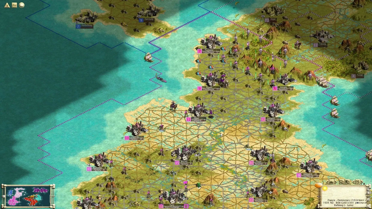 World map view showing cities, resources, and trade routes in Sid Meier's Civilization 3 Complete Edition for Steam. Get your Civilization 3 Steam key at RushGame.co and command your empire to greatness in this legendary strategy game.