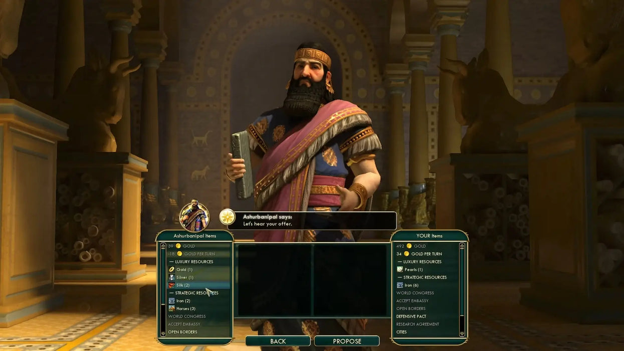 In-game screenshot from Sid Meier's Civilization V Complete Edition on Steam, showing a trade negotiation screen with Ashurbanipal of Assyria. Buy Civilization V Steam keys at RushGame.co for instant digital delivery and start building your empire today!