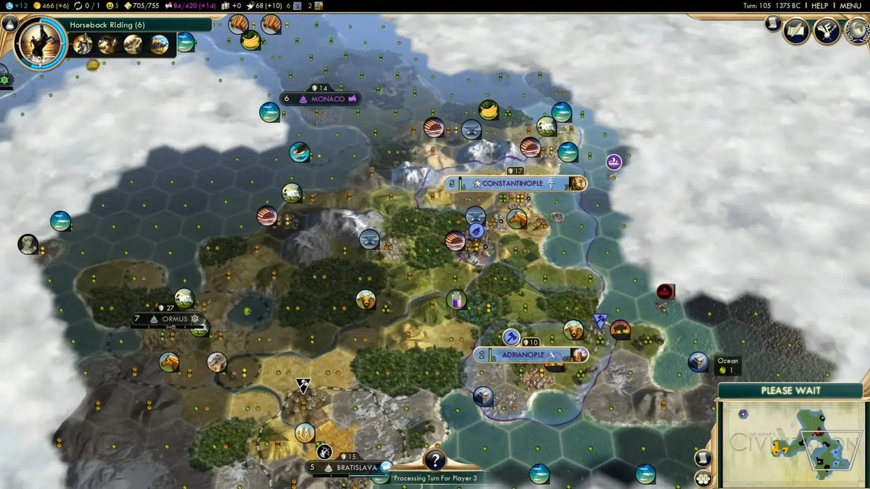 Expansive world map featuring multiple cities and terrain hexes in Sid Meier's Civilization V Gold Edition, ideal for fans of turn-based strategy. Unlock your Civilization V Gold Edition Steam key at RushGame.co and expand your empire today