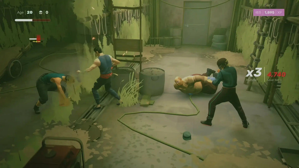 Screenshot from Sifu Deluxe Edition for Epic Games, featuring a dynamic battle sequence with the main character and two foes inside a gritty, atmospheric room. Buy your Sifu Epic Games Key at RushGame.co for fast delivery and experience thrilling martial arts action now!