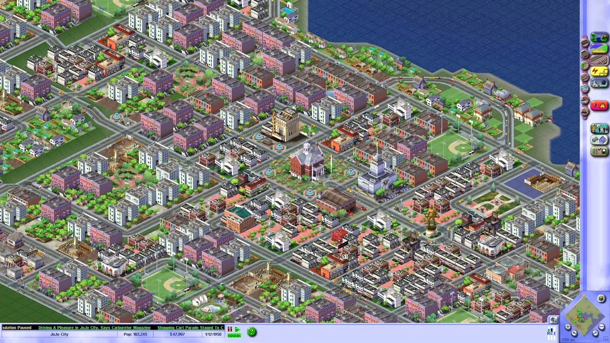 Screenshot of a highly developed city in SimCity 3000 Unlimited, showcasing intricate urban planning and vibrant neighborhoods. Buy a GOG CD Key for SimCity 3000 Unlimited from RushGame.co and unlock the full city-building experience today!