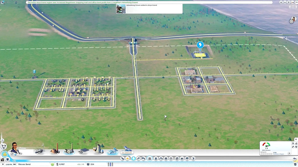 SimCity Complete Edition in-game image displaying city zones, roads, and essential utility management tools in a bright, green suburban setting. Get your SimCity Complete Edition CD Key at RushGame.co for Origin and enjoy strategic city planning.