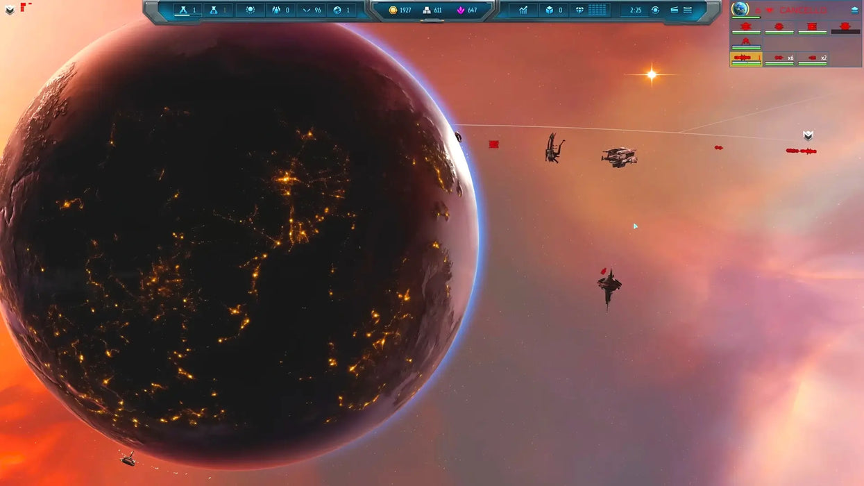 Gameplay image from Sins of a Solar Empire 2 featuring an epic space conflict near a glowing planet at dusk, perfect for fans of galactic strategy—buy your Steam digital key at RushGame.co.