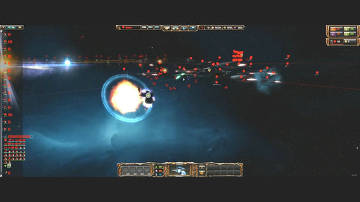 Action-packed gameplay scene from Sins of a Solar Empire Rebellion, with a massive space fleet engaging in combat and missile explosions lighting up the battlefield. Unlock Sins of a Solar Empire Rebellion instantly with a Steam key from RushGame.co