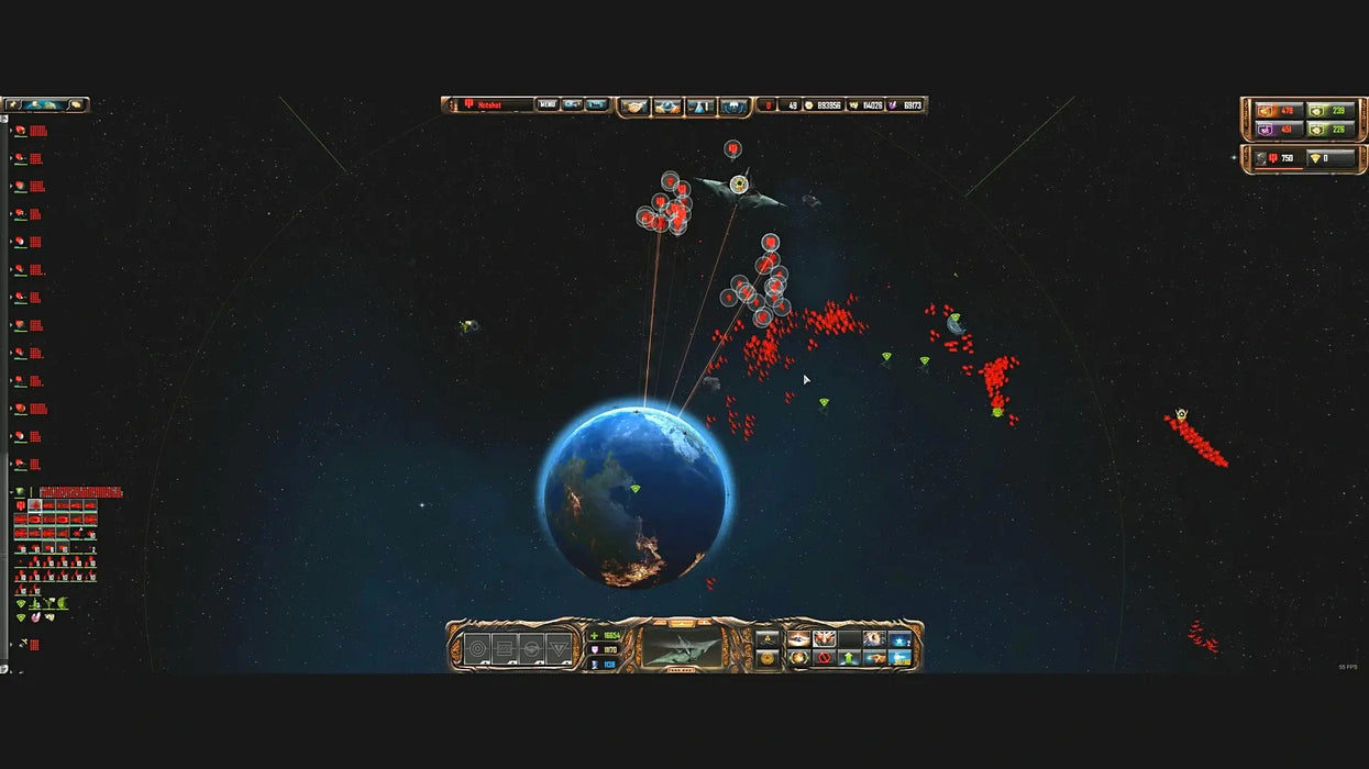 n-game screenshot from Sins of a Solar Empire Rebellion, showing multiple fleets and orbital bombardment around a blue planet. Buy a genuine Sins of a Solar Empire Rebellion Steam activation code from RushGame.co and expand your cosmic empire today.