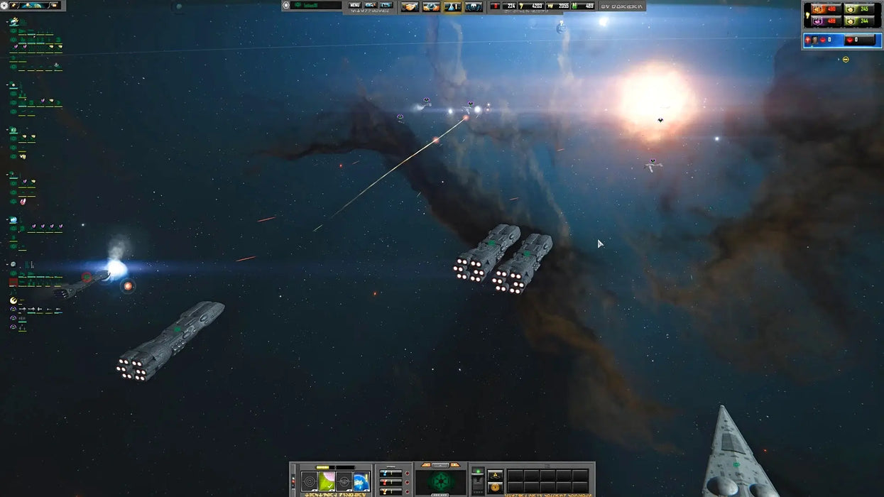 Screenshot from Sins of a Solar Empire Rebellion on Steam, displaying a strategic space battle with fleets of starships firing at distant enemies. Get your Sins of a Solar Empire Rebellion Steam key at RushGame.co and experience epic real-time strategy gameplay