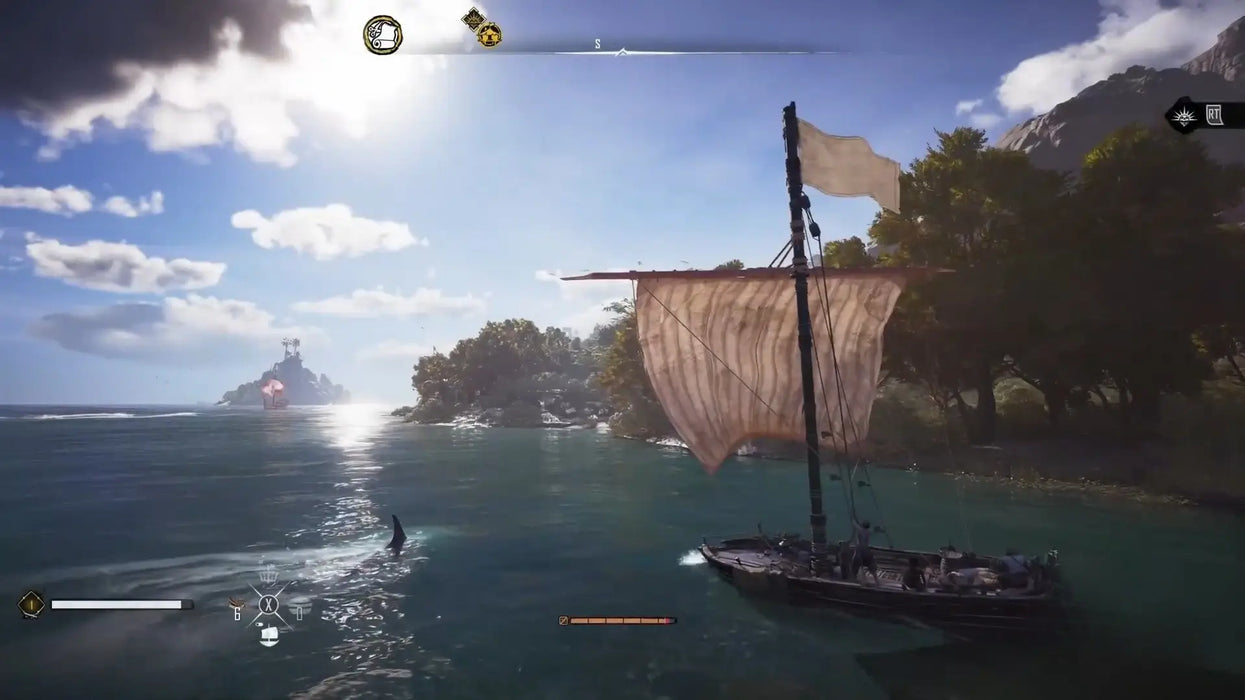 Exploration screenshot from Skull & Bones on Xbox Series X/S, showing a ship navigating near lush islands under a bright sun. Unlock your premium Xbox digital code for Skull & Bones at RushGame.co—adventure awaits