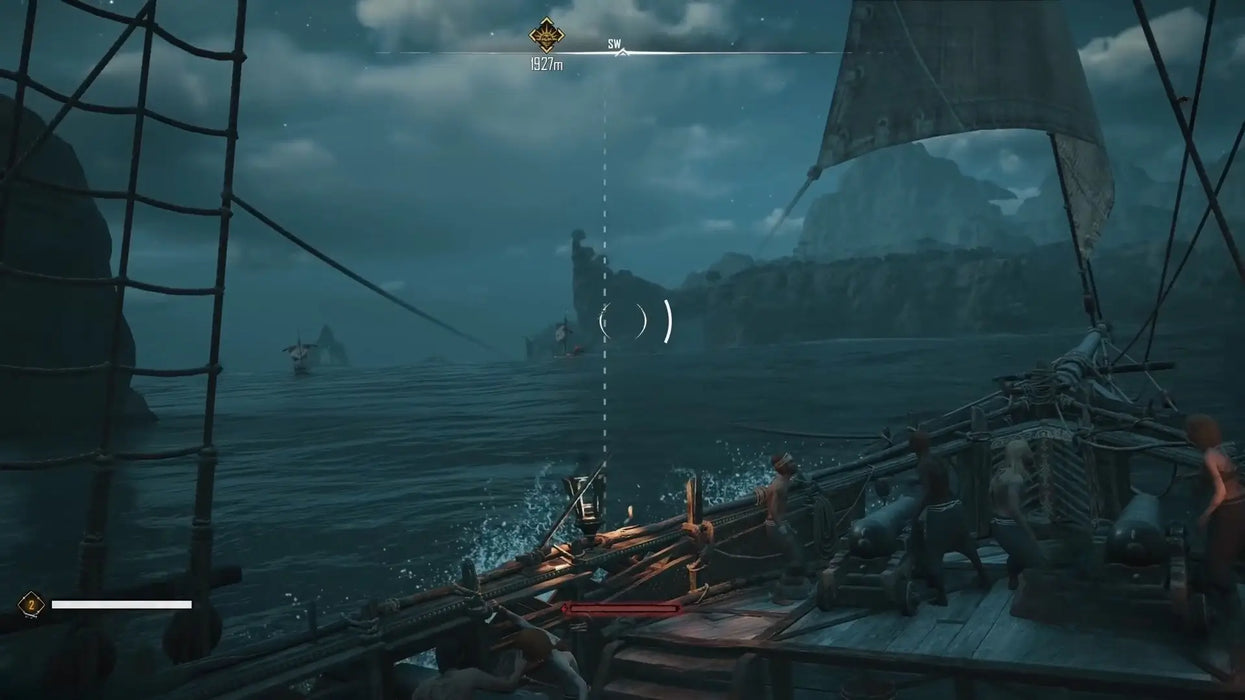Gameplay image from Skull & Bones Xbox Series X/S Premium Edition, displaying a tense nighttime naval battle with cannons ready. Purchase your official Xbox game key and experience epic pirate combat with fast digital delivery at RushGame.co