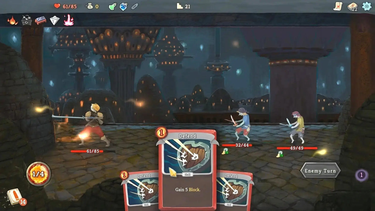 Screenshot from Slay the Spire on Steam showing the player character in a card-based battle against two enemies. Purchase Slay the Spire Steam Key at RushGame.co for instant digital delivery and unlock this strategic deck-building roguelike adventure