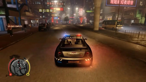 Nighttime police chase scene from Sleeping Dogs Definitive Edition, featuring a police car in pursuit through illuminated city streets filled with neon signs. Unlock the action with a Sleeping Dogs GOG Key from RushGame.co and enjoy digital delivery