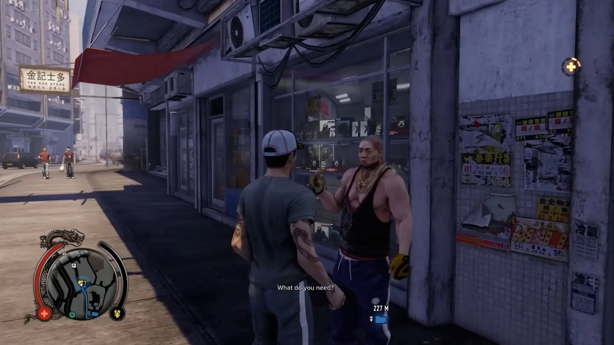 Screenshot from Sleeping Dogs Definitive Edition with the main character interacting with an NPC in front of a Hong Kong electronics store, highlighting detailed character models and urban life. Buy your Sleeping Dogs GOG Key | Definitive Edition now at RushGame.co for instant access