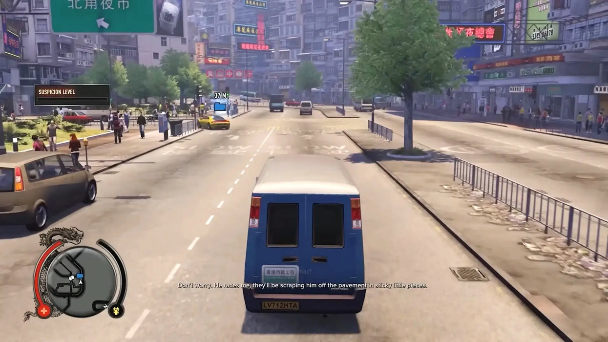 Sleeping Dogs Definitive Edition gameplay screenshot showing a blue van driving through the busy city streets of Hong Kong, featuring realistic traffic and urban environments. Purchase your Sleeping Dogs GOG Key and experience open-world action at RushGame.co