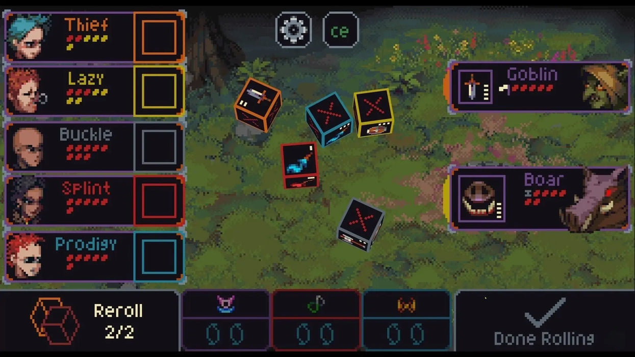 Gameplay image from Slice and Dice on Steam, displaying a classic dice-rolling battle against goblin and boar enemies with retro RPG elements. Purchase your digital Slice and Dice Steam Key at RushGame.co for fast and secure delivery!