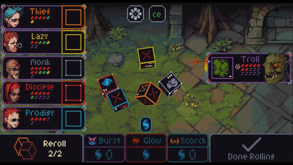 In-game view from Slice and Dice (Steam), featuring party dice rolls in a fantasy pixel-art setting with character stats and enemy troll encounter. Get your Slice and Dice Steam Key from RushGame.co and experience strategy gaming instantly
