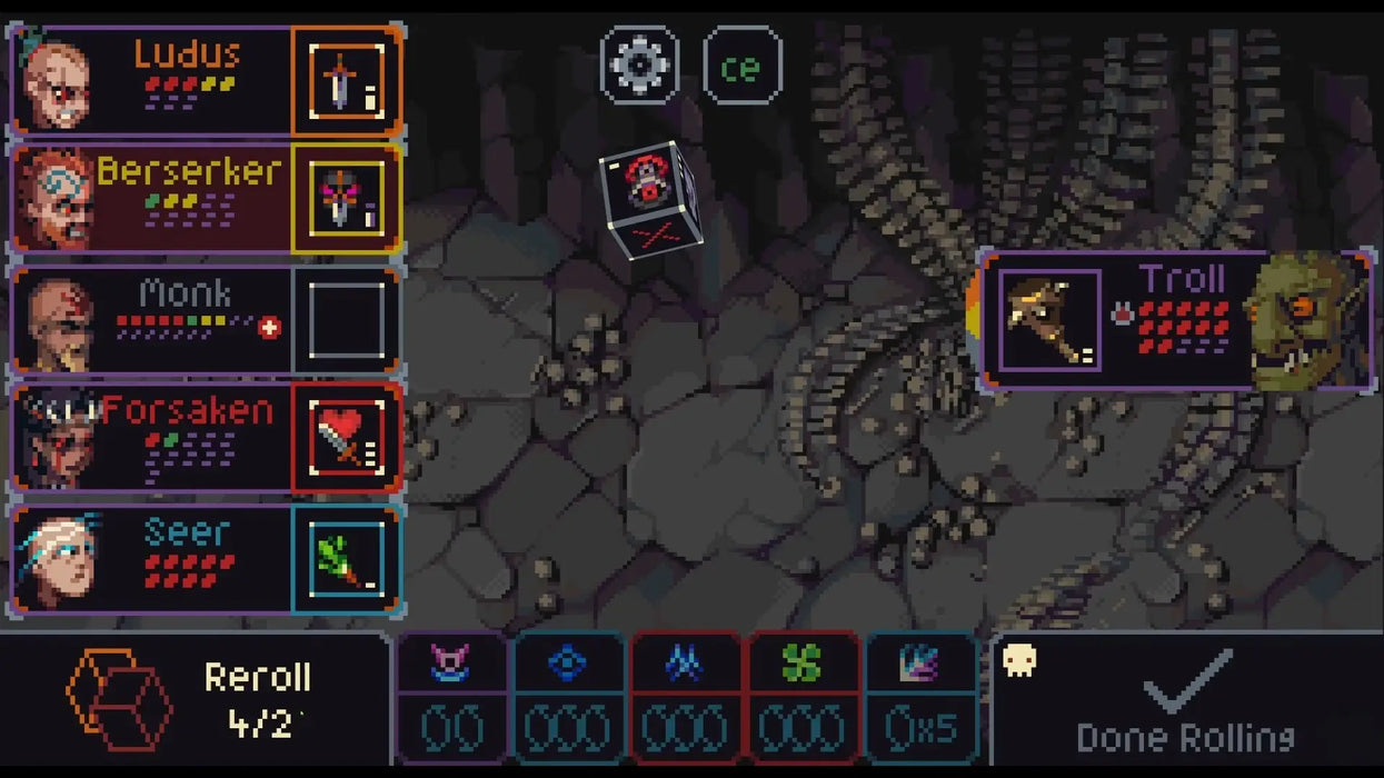 Screenshot from Slice and Dice on Steam, showing a tactical turn-based battle against a troll with multiple party members and pixel-art graphics. Buy Slice and Dice Steam Key at RushGame.co for instant digital code delivery and start your adventure today