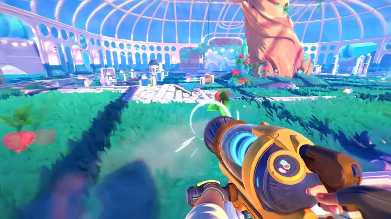 Gameplay image from Slime Rancher 2 for Steam, highlighting a futuristic greenhouse area with the player gathering resources. Purchase Slime Rancher 2 Steam Key and enjoy secure code delivery at RushGame.co.