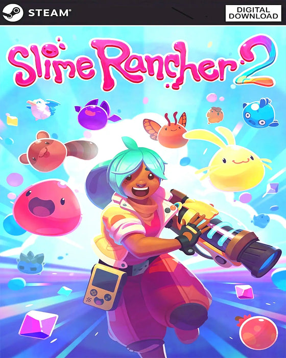 Cover art for Slime Rancher 2 Steam Key, featuring the main character and a variety of adorable slimes. Instantly unlock Slime Rancher 2 for PC with a Steam Key from RushGame.co