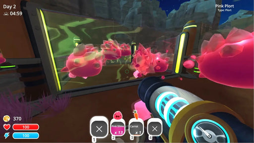 Slime Rancher Steam gameplay screenshot showing pink slimes inside a corral at night. Get your Slime Rancher key at RushGame.co