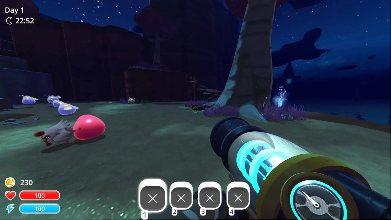 Nighttime exploration in Slime Rancher Steam, with a player collecting slimes and resources. Purchase your Steam key at RushGame.co