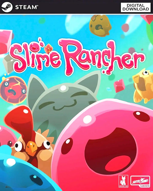 Slime Rancher Steam game cover featuring colorful slimes and farm animals. Buy your digital key instantly at RushGame.co