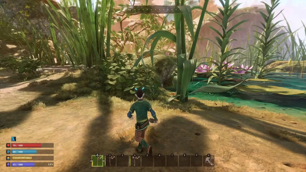 Smalland: Survive the Wilds Steam screenshot with a player exploring a dense grassy area beside a pond. Get your Smalland Steam game code instantly at RushGame.co