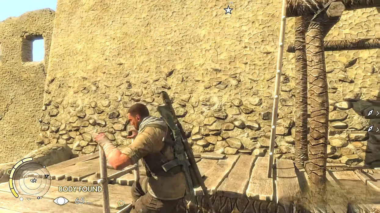 Action screenshot from Sniper Elite 3 on Steam, as the main character climbs a ladder in a desert environment with ancient stone buildings. Buy your Sniper Elite 3 Steam Key at RushGame.co for immediate access to World War II tactical combat!