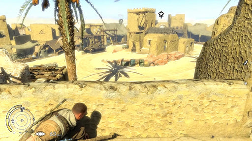 In-game screenshot from Sniper Elite 3 on Steam showing the player character sneaking behind a stone wall in a sunlit North African village. Purchase your Sniper Elite 3 Steam Key at RushGame.co for authentic stealth gameplay and instant delivery!