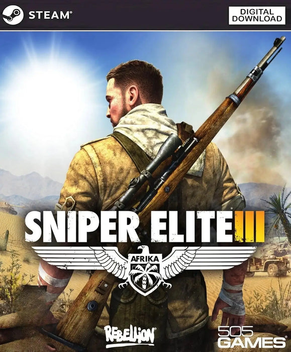 Game cover art for Sniper Elite 3 Steam Key, featuring the main protagonist with a sniper rifle against the backdrop of North African desert landscapes. Buy your digital code instantly at RushGame.co and experience tactical World War II sniping action!