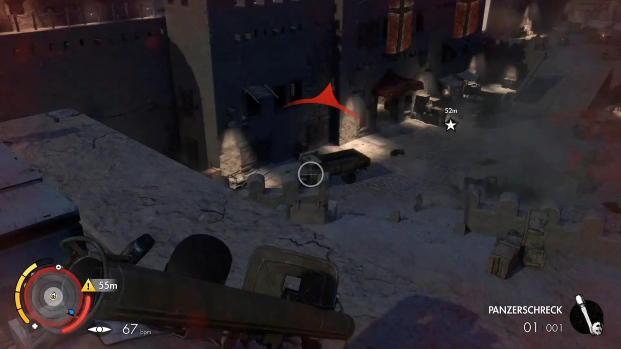 Nighttime action scene from Sniper Elite 3 Steam Key + Season Pass, with the player aiming a Panzerschreck at enemy targets in a fortified desert town. Get your Steam digital code instantly at RushGame.co and dominate the battlefield with stealth and strategy