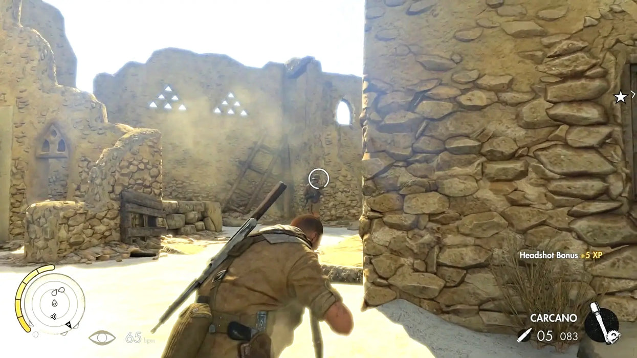 In-game screenshot from Sniper Elite 3 on Steam, showing the player character crouched in sunlit desert ruins, ready for a precision shot. Purchase your Sniper Elite 3 Steam Key with Season Pass at RushGame.co for fast digital delivery and immersive action gameplay.