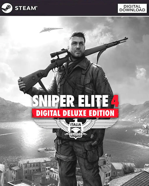 Sniper Elite 4 Deluxe Edition Steam game cover in black and white with the protagonist holding a sniper rifle. Buy your Deluxe Edition Steam key at RushGame.co