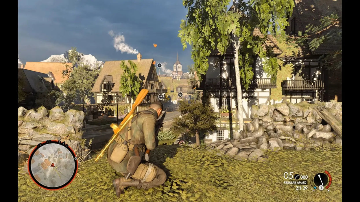 Sniper Elite 4 Season Pass Steam gameplay with the protagonist aiming from a hilltop in a scenic village setting. Secure your Season Pass DLC key at RushGame.co