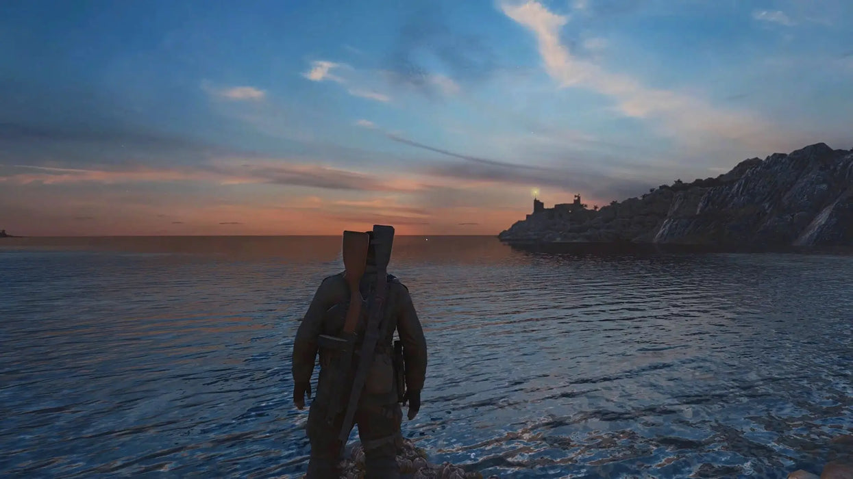 In-game screenshot from Sniper Elite 4 showing the protagonist standing by the sea at sunset, with stunning Italian scenery. Get your Steam game key instantly at RushGame.co