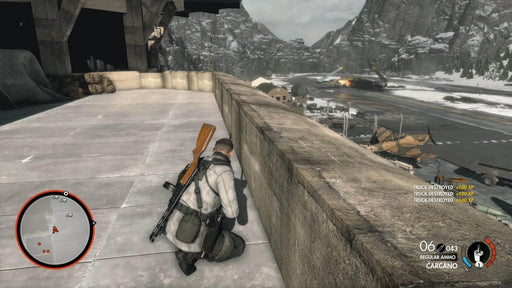 Sniper Elite 4 Steam gameplay showing the player crouching on a ledge in a snowy military base. Unlock your Sniper Elite 4 Steam Key at RushGame.co for fast digital delivery