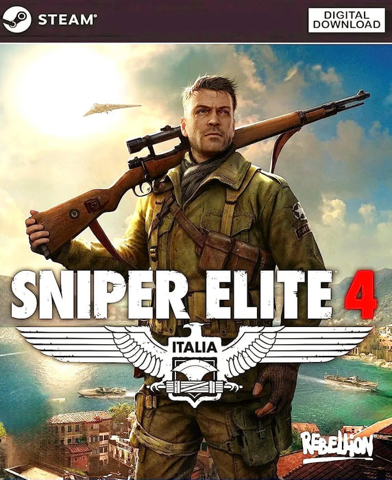Official cover art for Sniper Elite 4 Steam Key, showcasing the main protagonist in front of an Italian coastal town. Buy digital game codes for Steam at RushGame.co