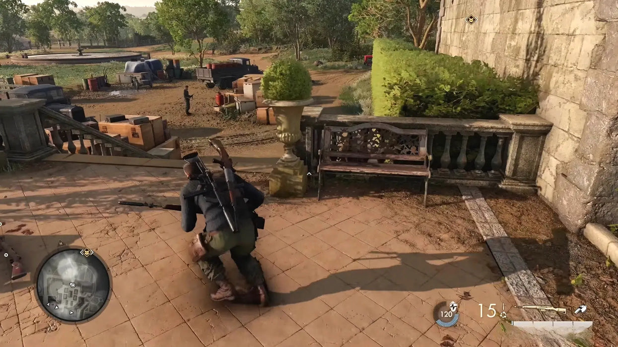 Sniper Elite 5 Season Pass One Xbox One screenshot showing the protagonist sneaking near a villa and garden area. Purchase your Xbox digital code for Sniper Elite 5 at RushGame.co